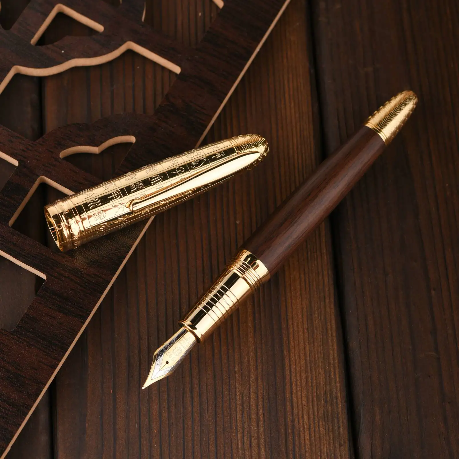 

Hongdian 6016 Fountain Pen Golden Metal Natural Wood Fish Scale E EF Bent Nib Calligraphi school supplies Writing gifts Pens