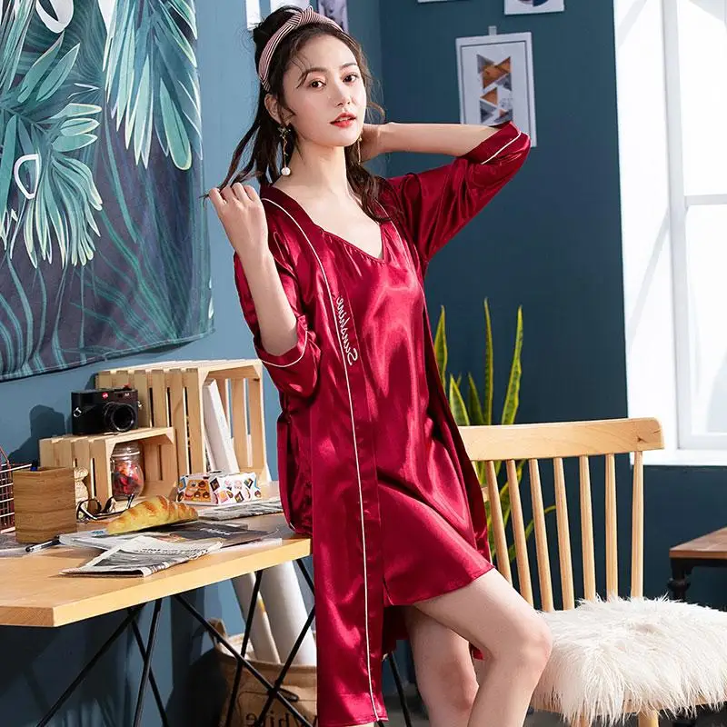 2Pcs Sexy Robe Women's Pajamas Set V-Neck Sleepwear Lace Night Dress Home Clothes Nightwear Lingerie Robes Suit Oversize Nightie