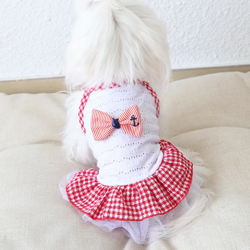 

Plaid Bowknot Pet Dog Clothes Suspender Dress for Dogs Clothing Cat Small Anchor Print Gauze Skirt Summer Pink Girl Chihuahua