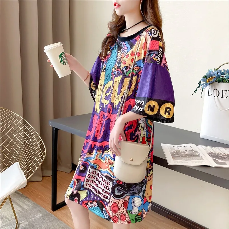 

Streetwear Oversize T-shirts Women's Summer Short Sleeve Loose Tops Vintage Graffiti Print Long T-Shirt Women T-Shirt Tees