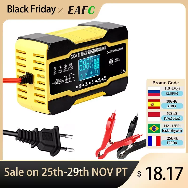 

Автоматическое умное зарядное устройство 12 В, 24 В, 10 А, 5 А, 7-ступенчатое умное зарядное устройство, автомобильное зарядное устройство для ге...