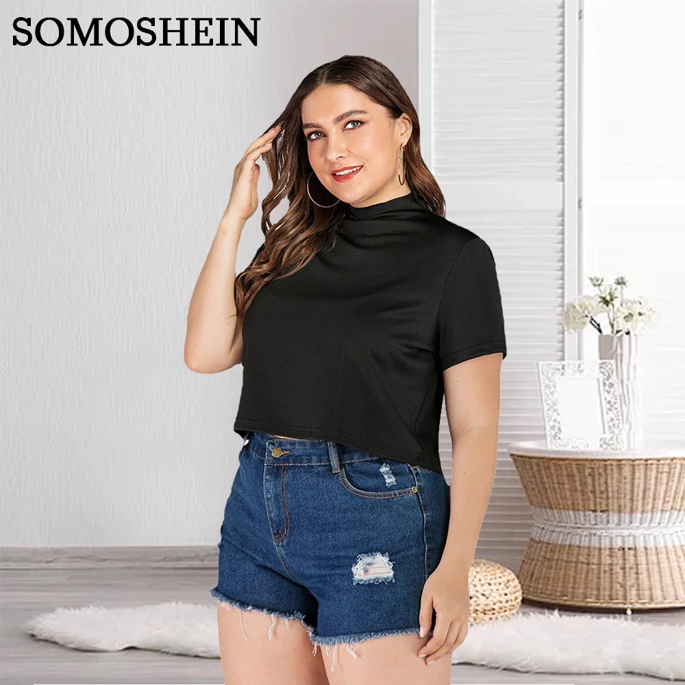 

SOMOSHEIN XL-4XL Plus Size Women Clothing Casual Fashion Solid Color Short Loose High-Neck T-shirt Top Wholesale Dropshipping