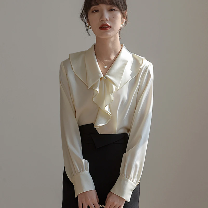 

Autumn Women's Long Sleeve Doll Neck Vintage Lantern Sleeve Solid Color Versatile Commuter Chiffon Shirt Women Tops Blouse A279