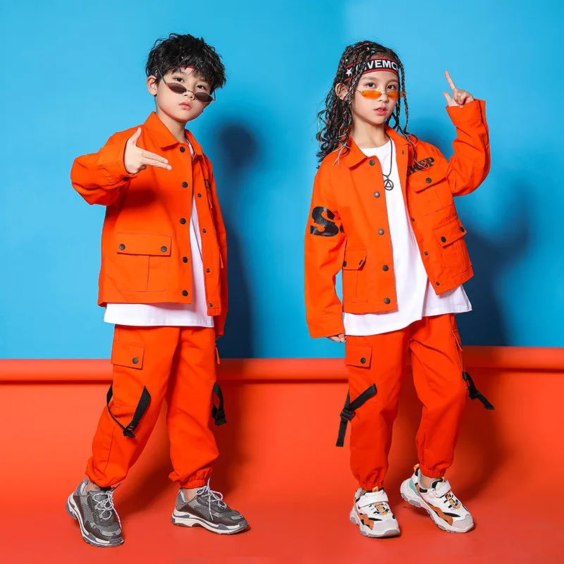 Jazz Costumes Orange Tooling Long Sleeve Jacket Pants Boys Street Dancing Clothes Hip Hop Dance Set Stage Dancewear Kids