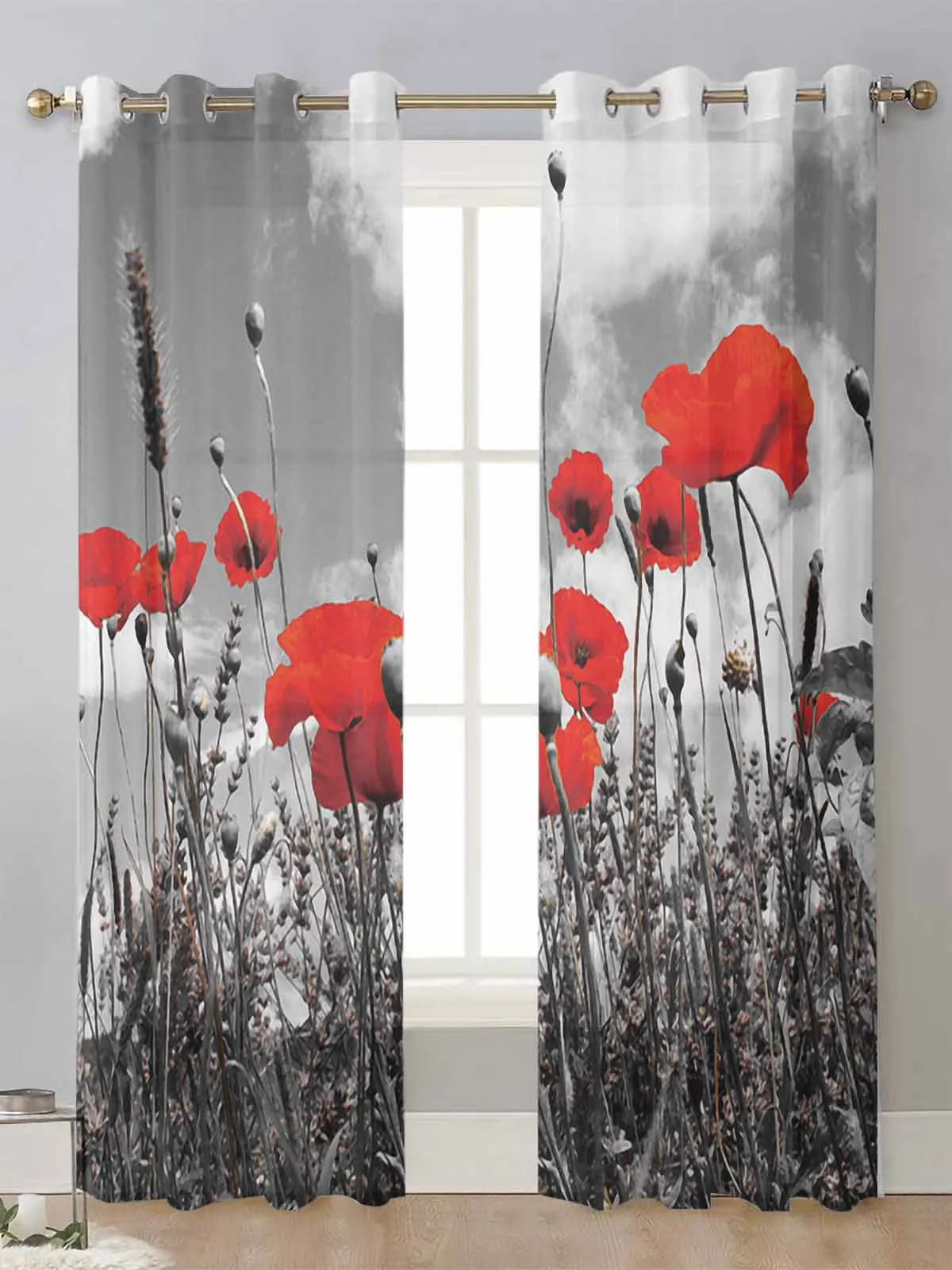 

Red Poppy Flower Sheer Curtains For Living Room Window Screening Transparent Voile Tulle Curtain Cortinas Drapes Home Decor