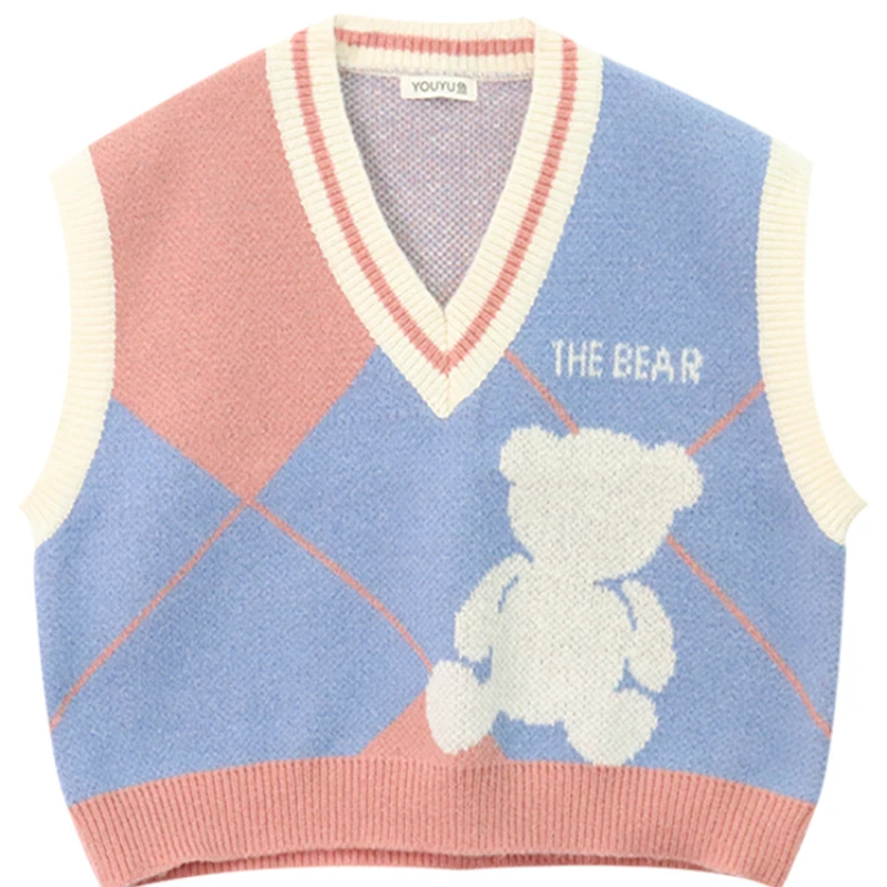 

Catoon Pullover Vest Retro Knit Top Women Sweater Coat Autumn 2022 College Retro Sweater Coat V Neck Vest