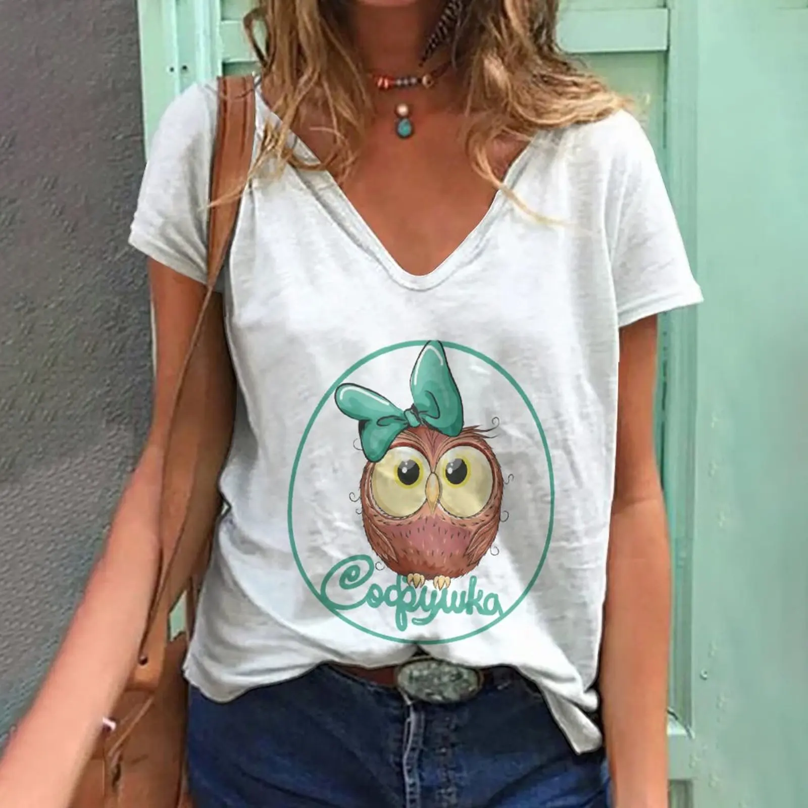 

2022 New Summer Fashion Women's T-Shirt Harajuku Graphic Cute T-Shirt Owl Digital Printing New Anime V-Neck T-Shirt Women's Top