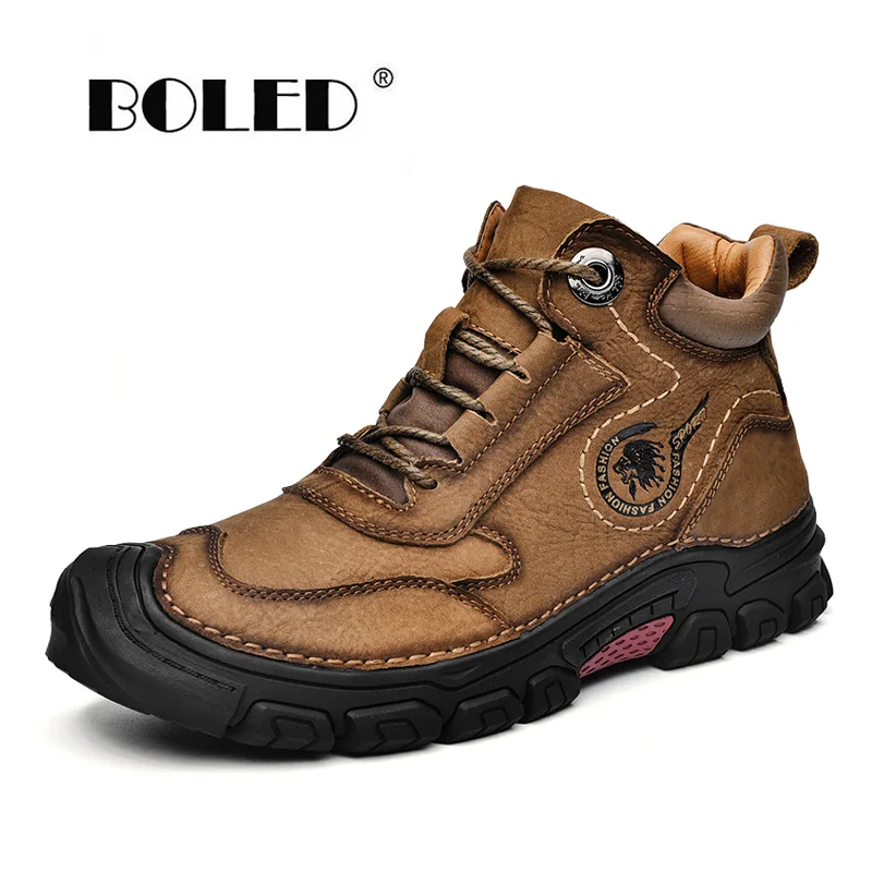 

Natural Leather Boots Shoes Designer Autumn Winter Shoes Men Outdoor Plush Warm Walking Shoes Lace Up Ankle Snow Boots Men