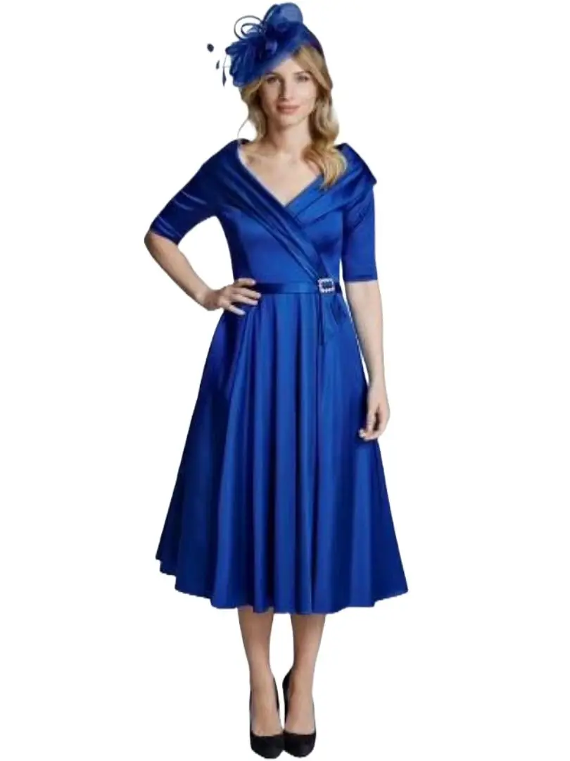 

ТРАПЕЦИЕВИДНОЕ ПЛАТЬЕ-миди для матери невесты, плиссированная юбка с V-образным вырезом и рукавом до локтя, с поясом, Королевский синий цвет