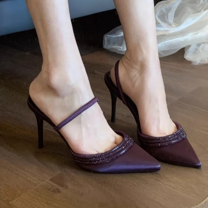 Women's Fashion Baotong Sandals Autumn New Pointed Head Shallow Mouth Bright Drill A Slip-on Wear-resistant High Heels