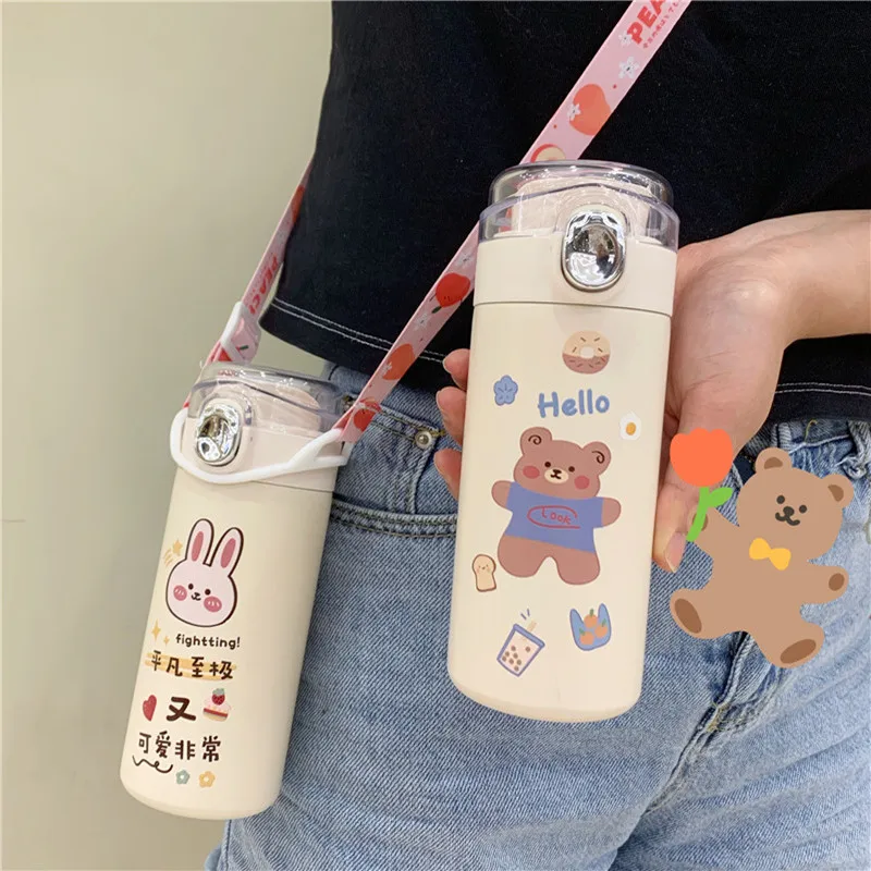 

320/420ml Kawaii Bear Thermos Cup Stainless Steel Mugs Cute Cartoon Thermos Vacuum Flasks Student Kids Water Bottle With Strap