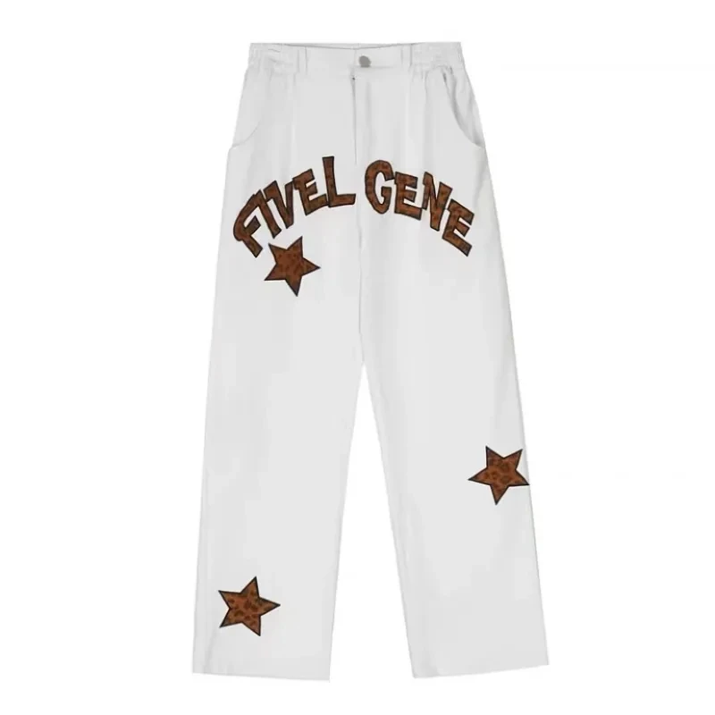 Autumn Winter Star Embroidered Jeans Men'S Fashion Brand Straight Loose Hip Hop Fried Street Wide Leg Pants Streetwear Unisex
