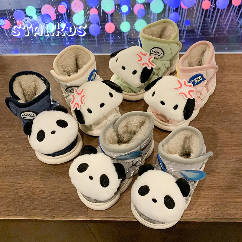 Cute Panda Plush Boots Children Winter Warm Outdoor & Indoor High Top Ankle Slippers Boys Girls Soft Furry Cartoon Home Shoes