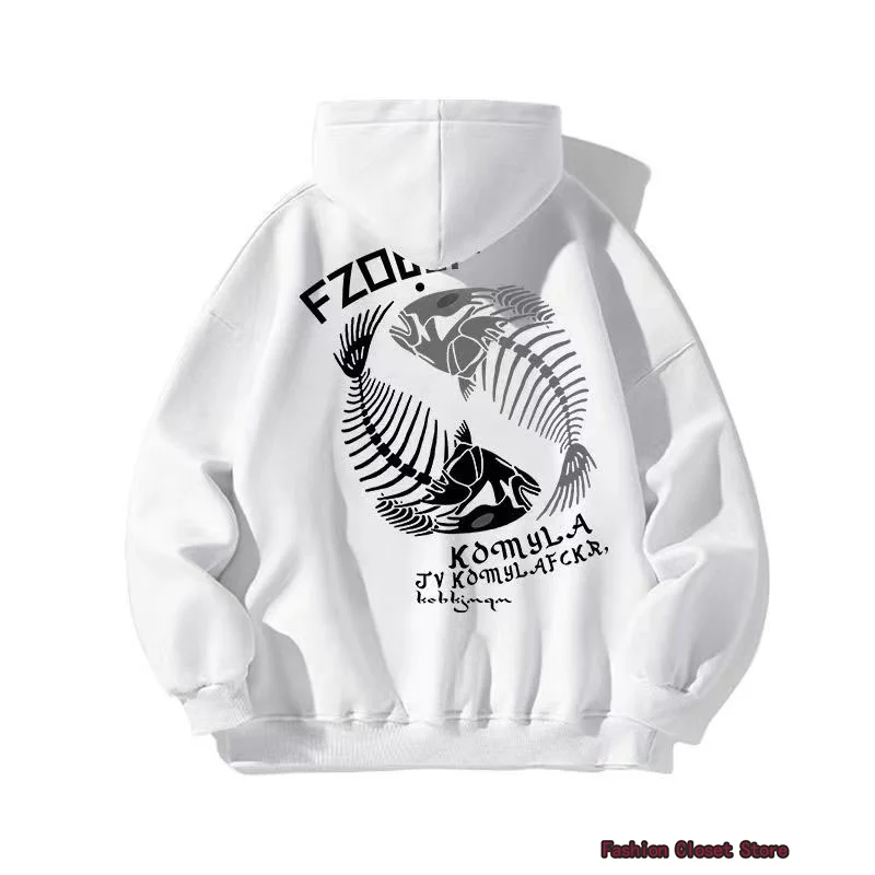 

Мужские толстовки с капюшоном, черные корейские свитшоты в стиле хип-хоп с рисунком рыбьей кости, пуловеры с капюшоном для осени, 2022