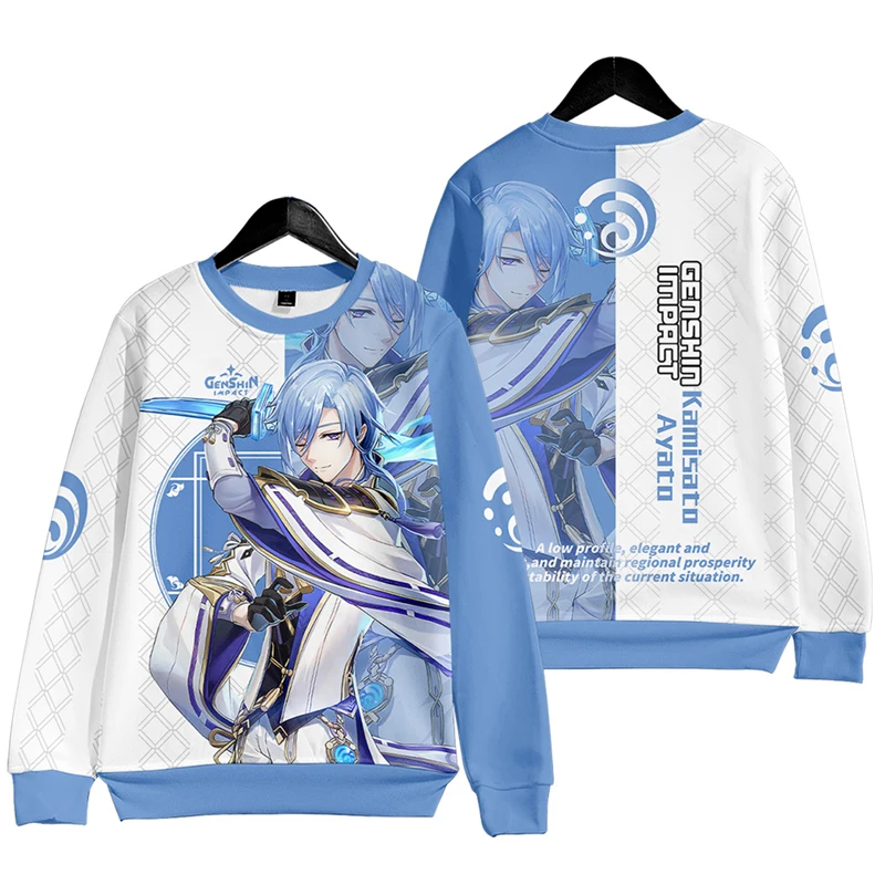 

Новые пуловеры 3D Аниме Raiden Shogun, толстовки Genshin Impact Kamisato Ayato с 3D принтом для мужчин и женщин, мужские толстовки большого размера, уличная одежд...