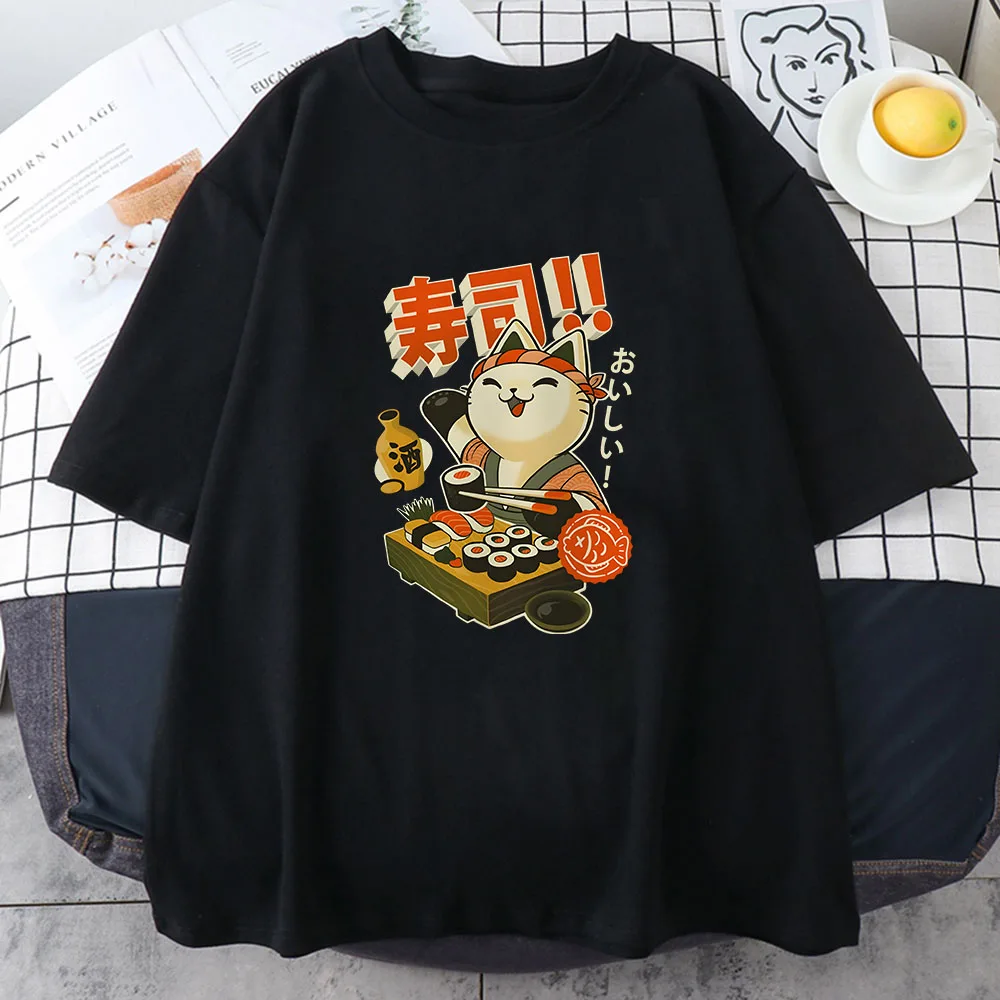 Ukiyoe Kanji Cat футболка в японском стиле хлопковая женская высокого качества с