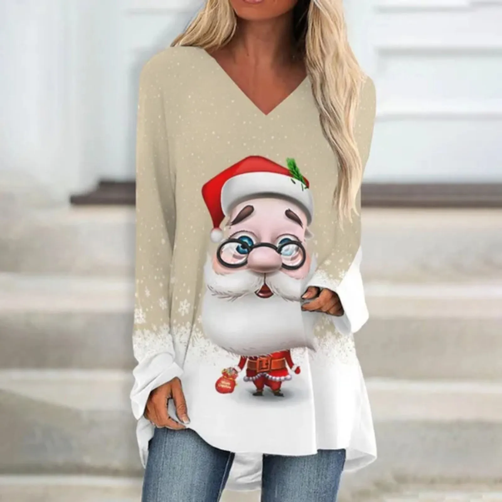 

Женская рождественская майка с v-образным вырезом и длинным рукавом, женские футболки, повседневные длинные облегающие рубашки для женщин