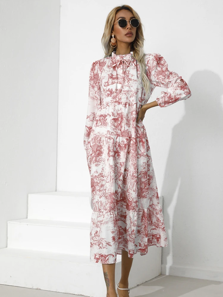 

New Fashion Elegant Women's Dress Printed Round Neck with 9/4 Sleeves and Elegant Lace Up Vestido Party Dress for Women 2023