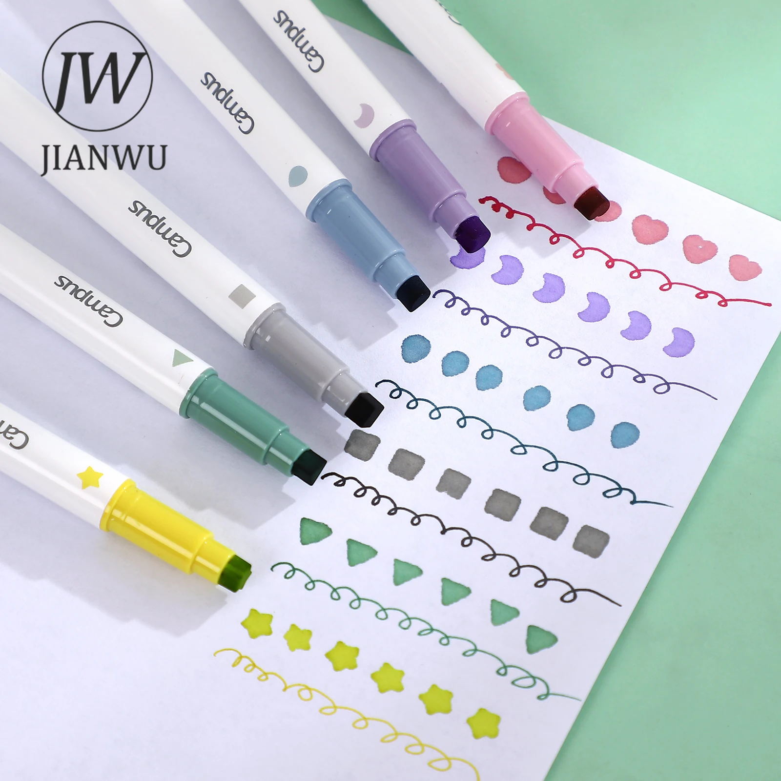 

JIANWU 6 Pcs/Set Double-Ended Highlighter Cute Journal Decoration Creative Stamp Drawing Art Markers Kawaii Stationery Supplies