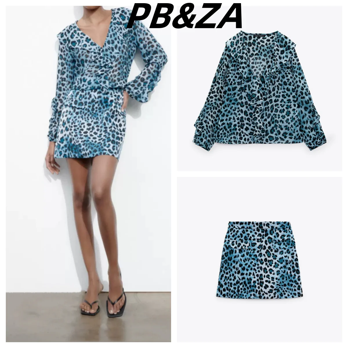 

PB&ZA 2023 New Women's Long-sleeved V-neck Animal Print Shirt Top Silk Satin Texture Mini Skirt Two-piece Set 2810753
