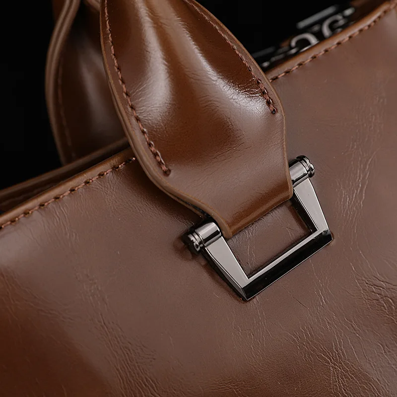 Korean Men's Handle Briefcase Horizontal Square Type Shoulder Crossbody Bag Business Laptop Bag 14  inches Retro Messenger Leath