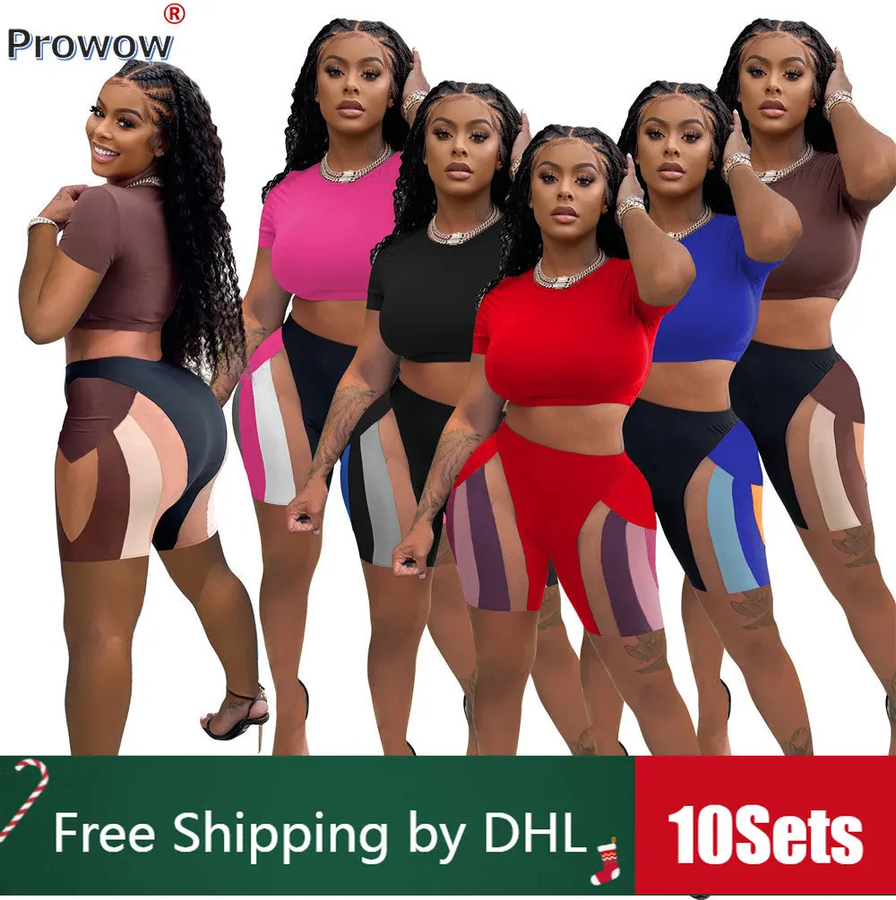 

10 комплектов, женские короткие комплекты, Однотонная рубашка с коротким рукавом, шорты в стиле пэчворк, одежда 2023, летний Повседневный Спортивный костюм, оптовая продажа 9392