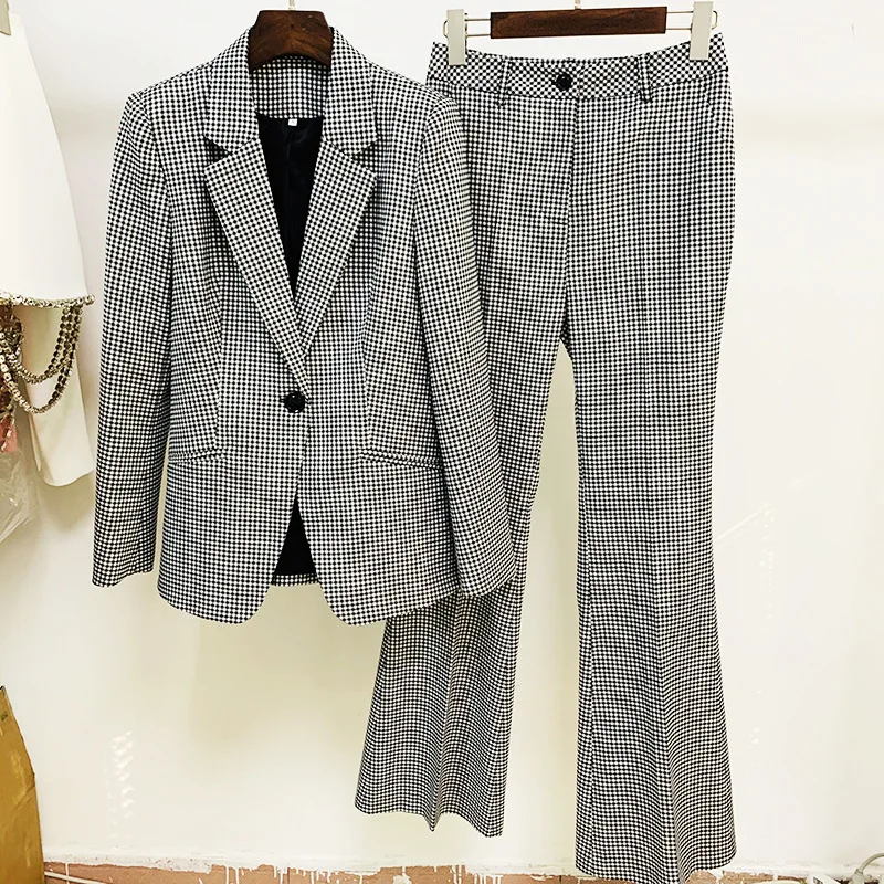 

HarleyFashion Lady Outfits Spring Vintage Plaid Twin Sets Single Button Blazer Micro Flared Trousers England Quality Workwear