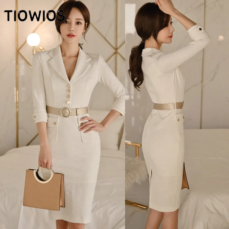 

TIOWIOS Spring And Winter 2022 New Korean Ladies Temperament Cropped Sleeve Slim Suit Collar Long Hip Dress Female