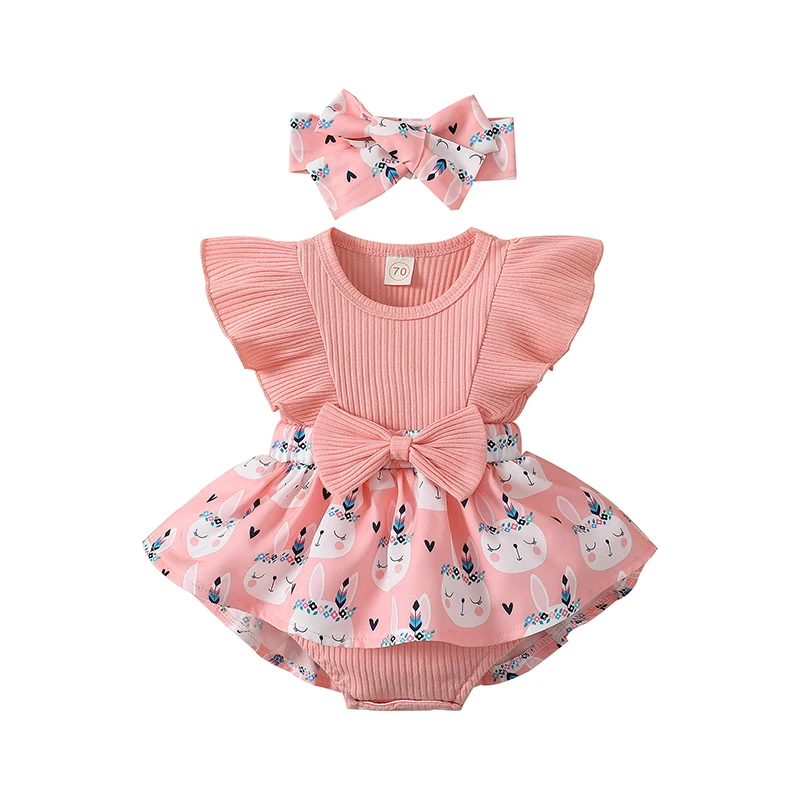 

Bmnmsl Infant Baby Girls Easter Jumpsuit, Rabbit Print Ribbed Patchwork Fly Sleeve Round Neck A-Line Romper with Bow Headband