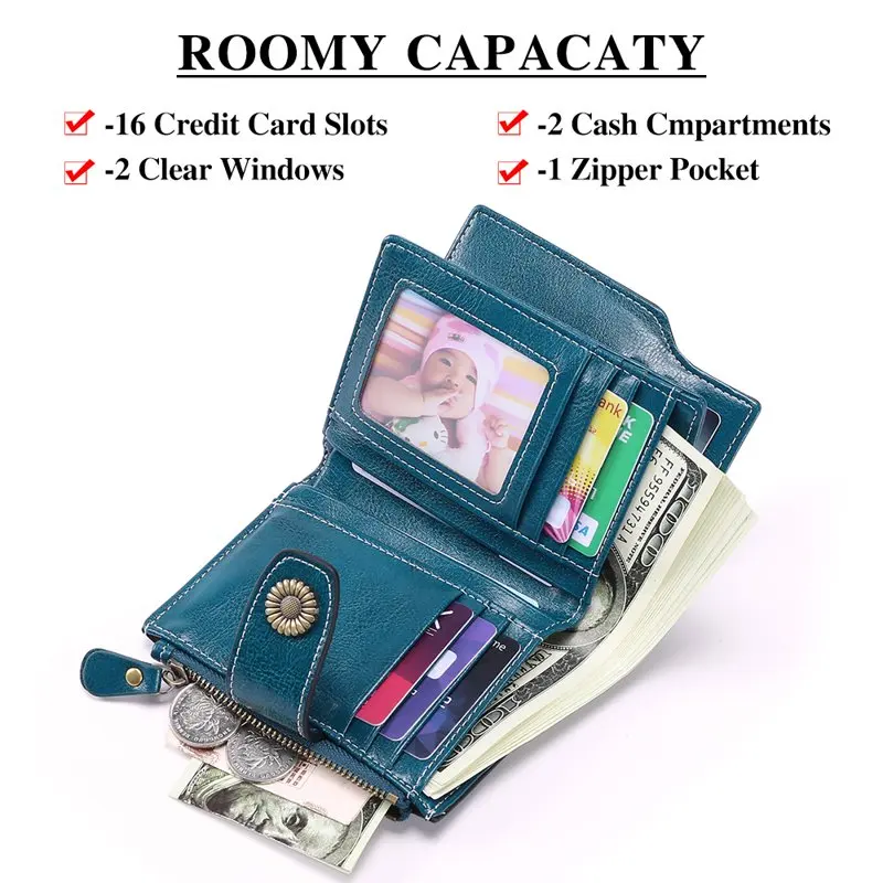 Small Wallet for Women Genuine Leather Bifold card holder RFID Blocking Coin Purse