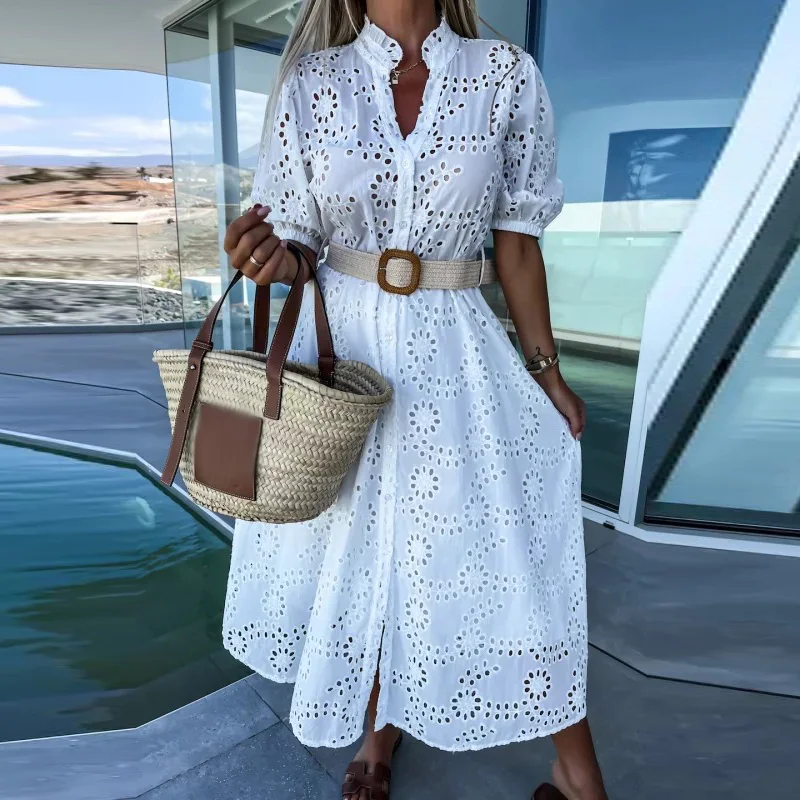 

Casual Short Sleeve Stand Collar Solid Beach Dresses Women Hollow Jacquard Party Dress Elegant Single Breasted Lace Long Dress