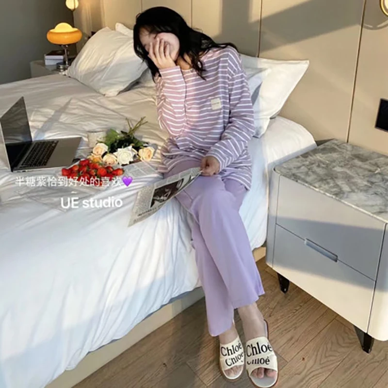 SP&CITY Cartoon Cute Patterned Long Sleeved Pajamas Set Female Spring Sleepwear Comfortable Cotton Round Neck Pajamas