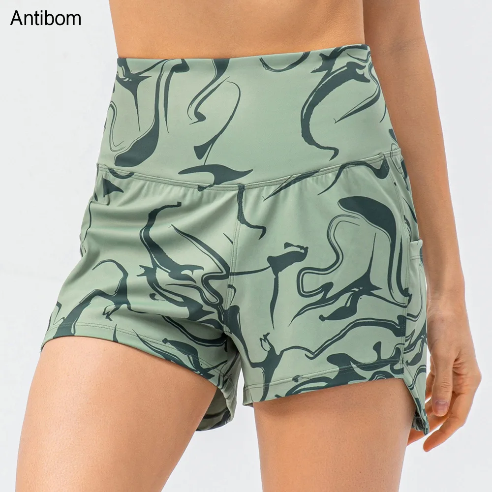 Antibom Sports Shorts Women's Printed Nude Loose High Waist Tennis Fitness Pants Pocket Breathable Running Casual Yoga Leggings