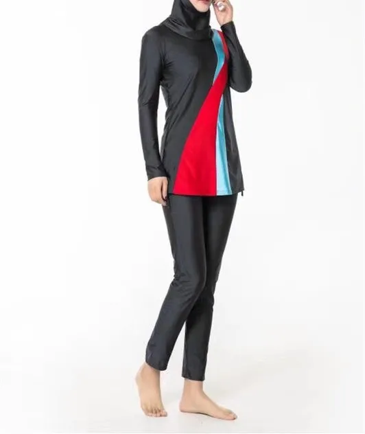

Three Piece Set Muslim Swimwear Women Patchwork Long Sleeve Top Pants Hat Swimsuit Khimar Turkey Islamic Clothing Burkini Mujer