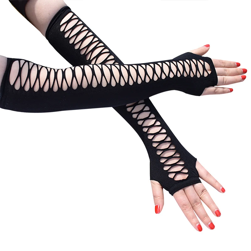 

Breathable Half Finger Driving Mittens Cutout Cross Mesh Stretch Gloves Long Fingerless Gloves Mittens Cosplay Costumes Black