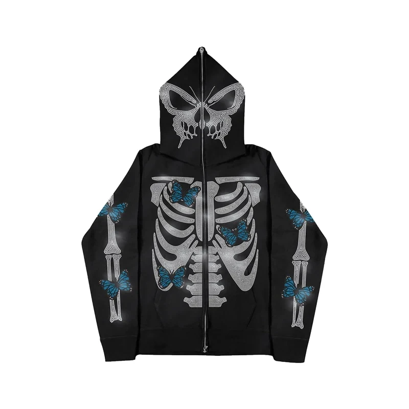 

Zip Up Skeleton Rhinestones Dark Femme Goth Sweatshirts Oversized HipHop Streetwear Hoodie Winter Y2k Clothes jackets Grunge Top