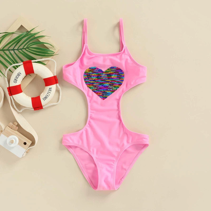 

2022 Summer Pink Peach Heart Girls Swimsuit Kids Sleeveless Sequin Heart Pattern U Shape Neck Thin Shoulder Adjustable Swimsuit