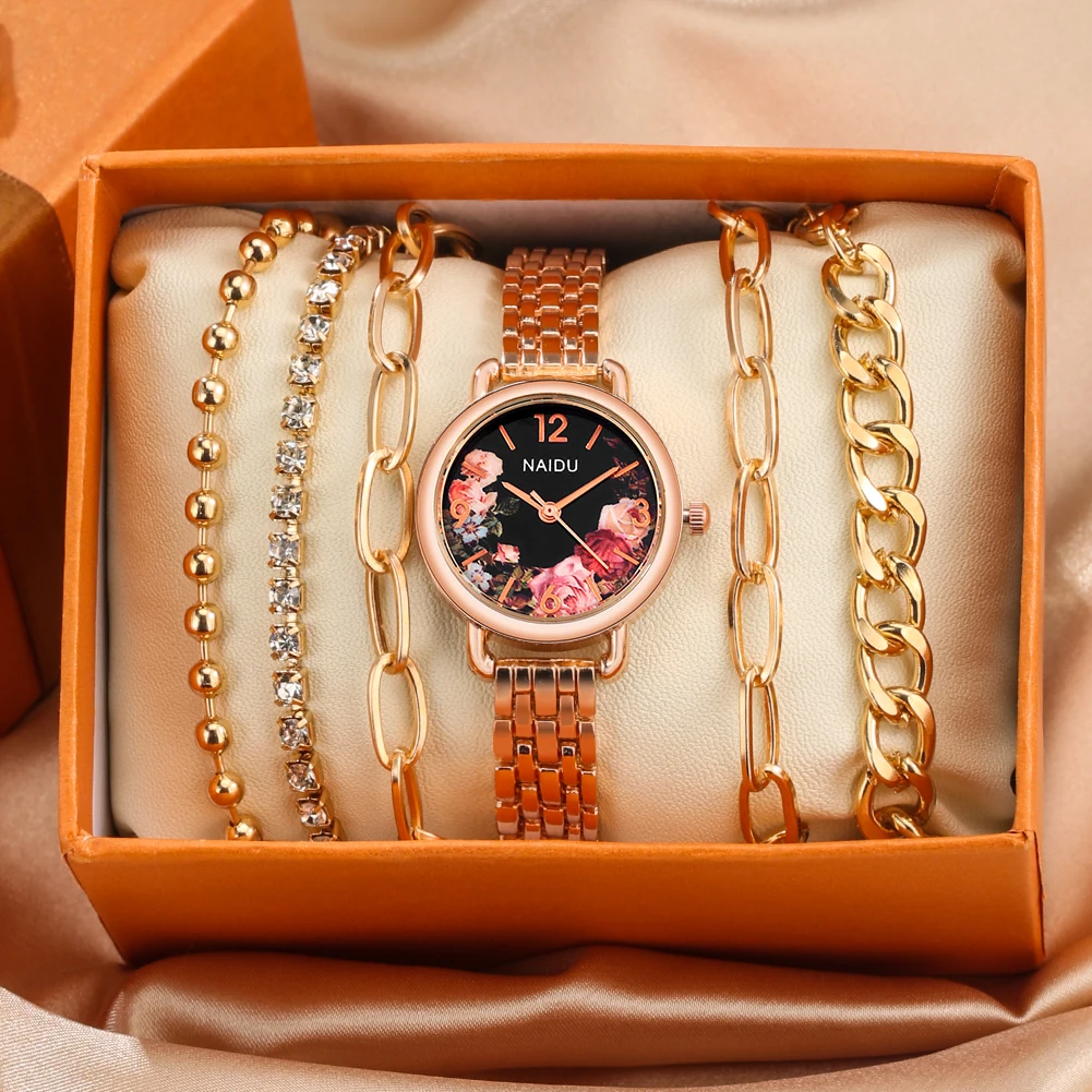 

2022 New Women's Watch Bracelets 6 Piece Sets Quartz Watch Set Stainless Steel Strap Golden Bracelet Gift Box for Female Friends