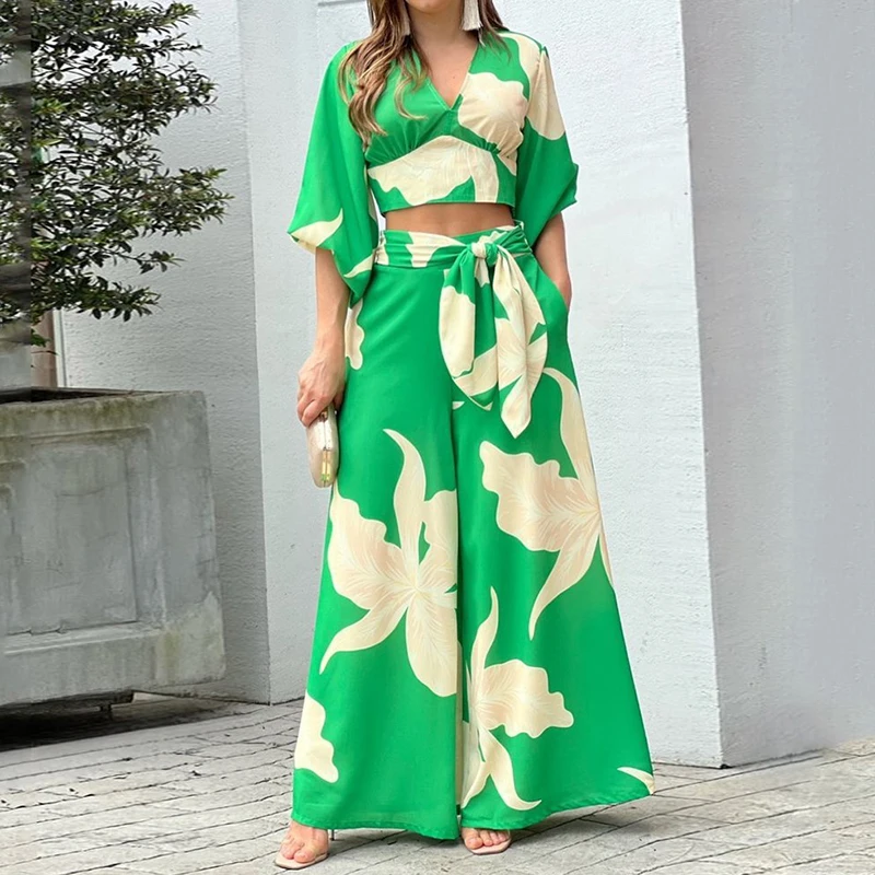 

Summer Lady Fashion Outfits Long Sleeves V Neck Cropped Tops and High Waist Wide Leg Pants Two Piece Sets 2022