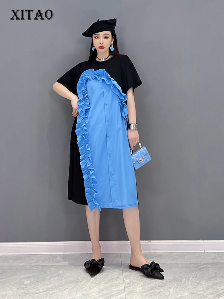 

XITAO Patchwork Casual Dress Women Korea 2022 Summer New Arrival Personality Fashion Loose O-neck Full Sleeve Dress WMD5721