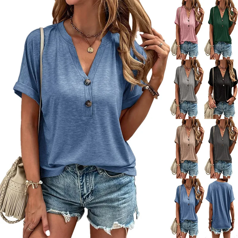 

Summer Women's New 2023 Casual Top Fashion Sexy V-Neck Solid Twist Button Short Sleeve Pullover Loose T-Shirt