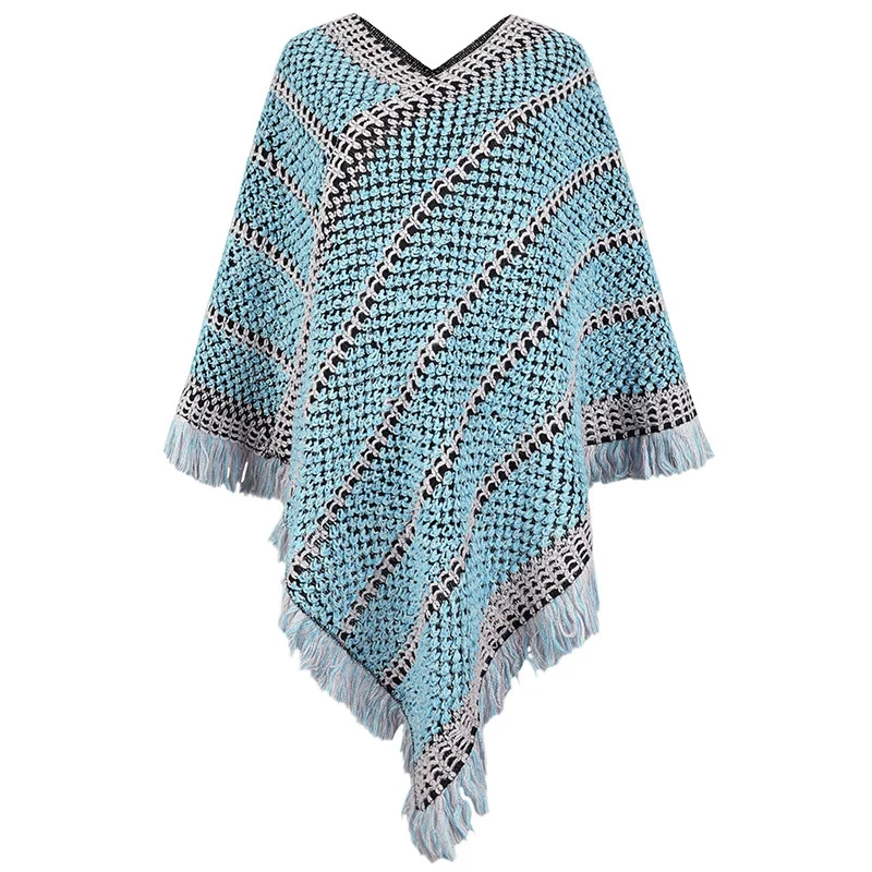 

Color Contrast Stripe Vintage Pullover Cape Sweater Coat Women Oversize Loose Knitted Poncho Female Tassel Cloak Shawl