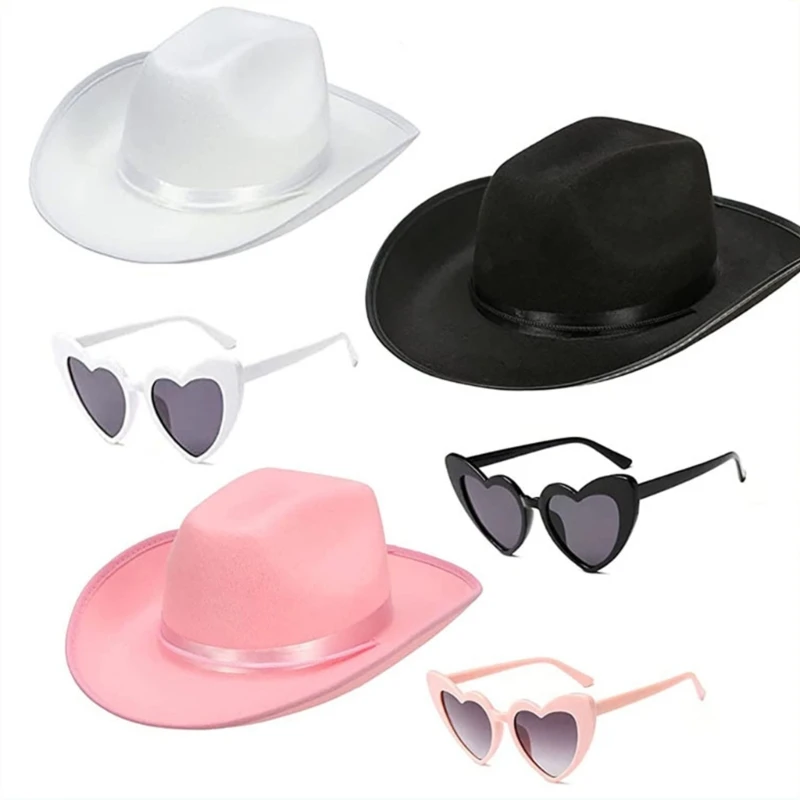 

Ковбойская шляпа Cowgirl в западном стиле с солнцезащитными очками в форме сердца для мужчин и женщин, Повседневная однотонная шляпа с широкими полями для вечеринки, фетровая шляпа, реквизит для фото