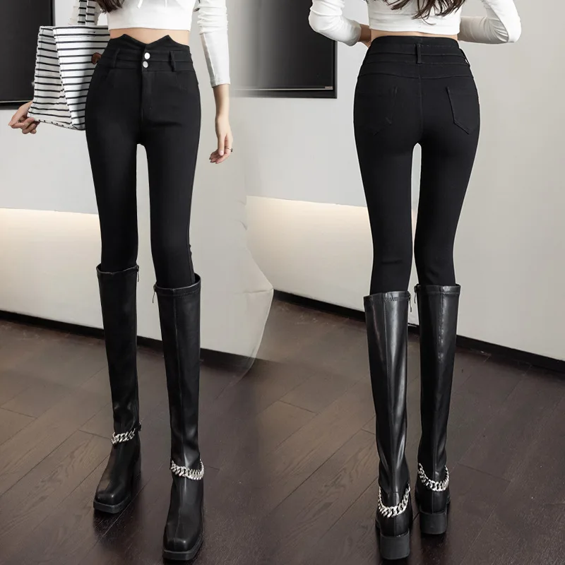 Fashion Sexy Women's Imitation Jeans Leggings Slim High Waist Double Buttons Thin Stretch Outdoor Lolita Tight Pencil Pants