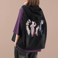 autumn spring print hooded jacket sleeveless korean fashion vest for women black blue color