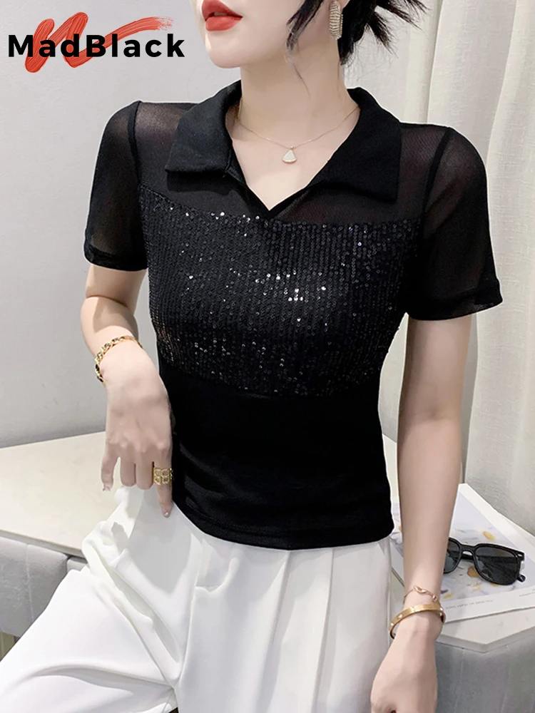 

MadBlack Summer Turn Down Collar T-Shirt Women Sexy Patchwork Glitter Sequin Slim Short Cropped Tops Short Sleeves T35268C