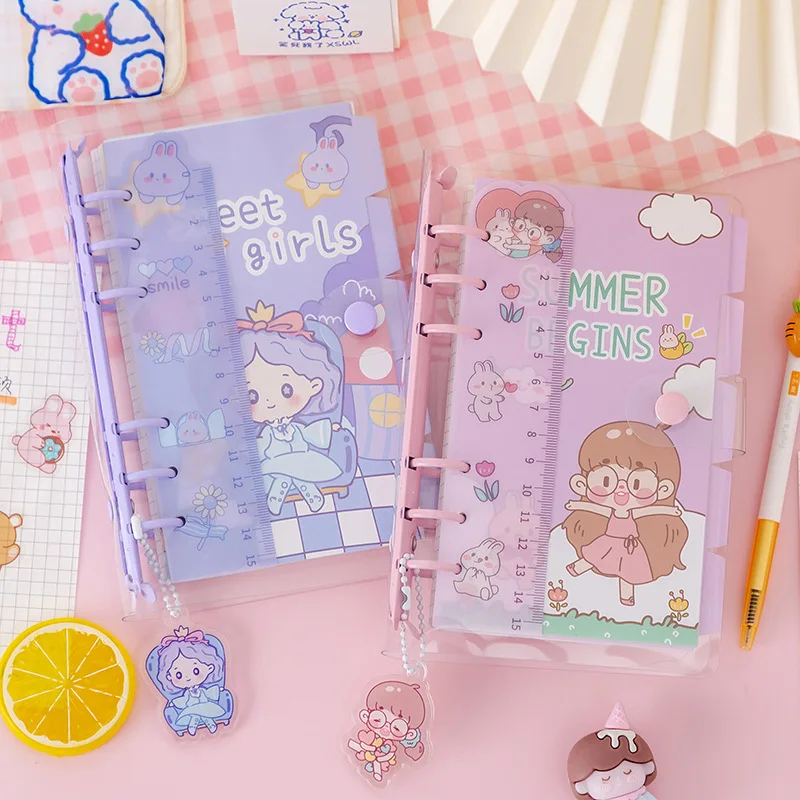 Cartoon Loose Leaf Scrapbook Notebook with Ruler Students Girls Diary Waterproof Journal Planner Note Book Students Supplies