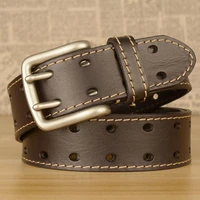 new double pin buckle mens belt top layer cowhide belt car line decoration personalized hollow pure cowhide jeans belt