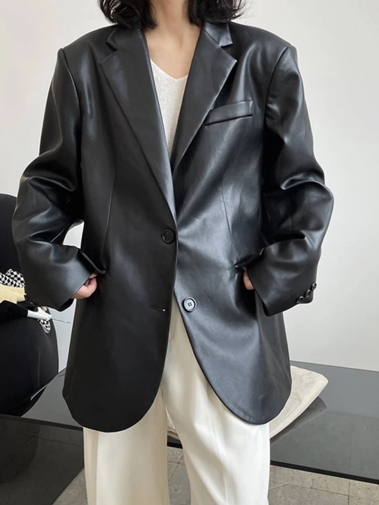 Vintage PU Leather Silhouette Blazer Loose Casual Wide-shoulder Top Women's Spring and Autumn New Style Blazers for Women