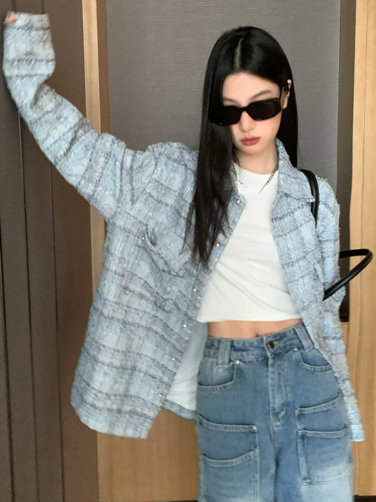 2024 весенняя винтажная твидовая куртка в клетку женская одежда однобортная